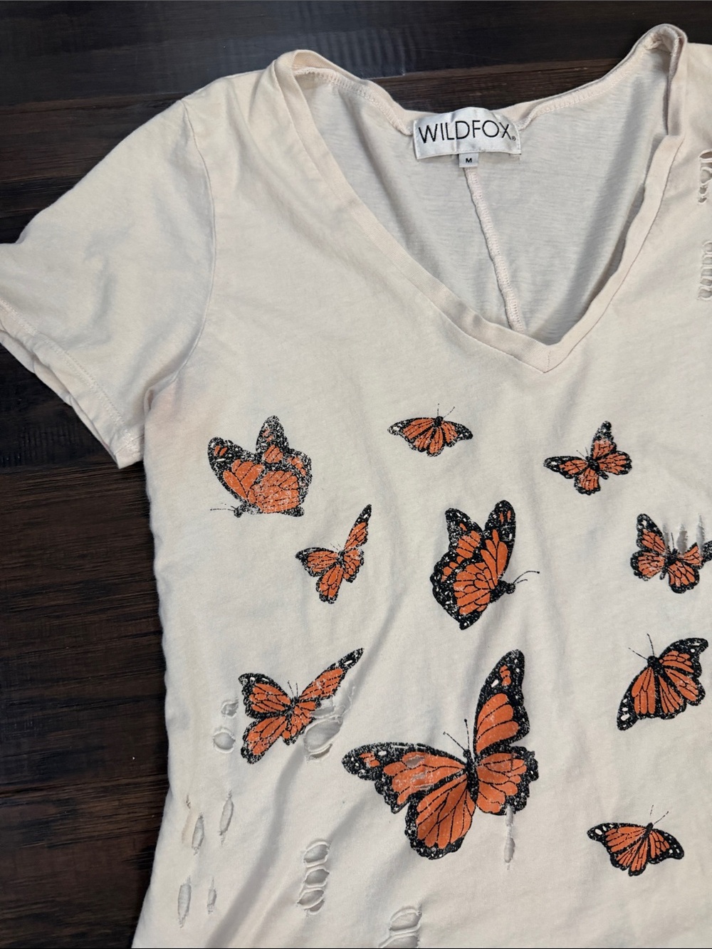 Wildfox V-Neck Peach/Cream Tee with Orange Butterfly Print - Picture 3 of 13